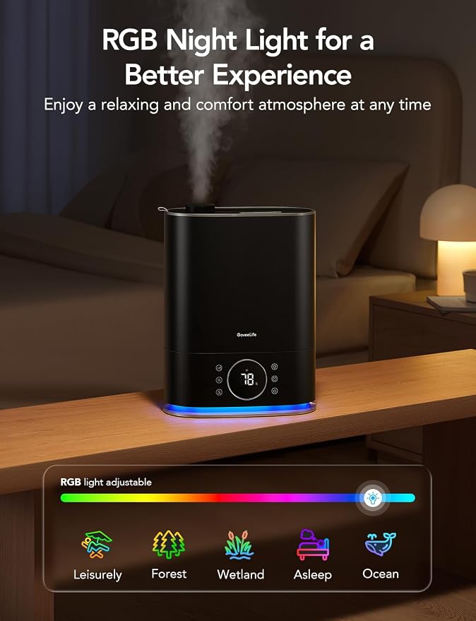 GoveeLife 7L Humidifiers for Bedroom, Smart Top-Fill Cool & Warm Mist Humidifier Large Room, Auto Mode, 70H Quiet Runtime for Baby Plants Nursery, App & Voice Control, RGB Nightlight, Humidity Sensor - Image 6
