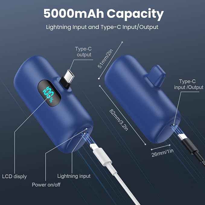 Feob Mini Portable Charger 5000mAh Power Bank,15W PD USB C Cell Phone Portable Power,LCD Display Battery Pack Compatible with iPhone 17/Air/17 Pro/17Pro Max/16/15 Android/Samsung/Moto(Type-C Only) - Image 6