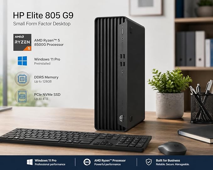 HP Desktop PC Elite SFF G9| 6-core 5GHz Ryzen-5 Processor(1.3 Times Faster Than Intel i7-1255U) | 16GB DDR5 RAM, 256GB SSD| WiFi| Bluetooth| HDMI, USB, RJ-45| Windows 11 Pro| Wired KB & Mouse - Image 3