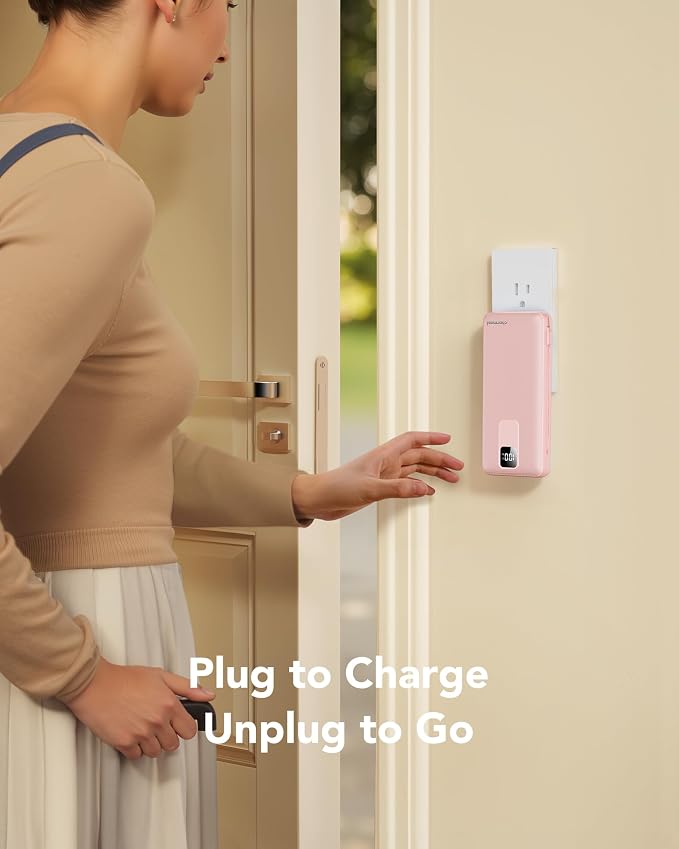 charmast 20000mAh Portable Charger with Wall Plug, Fast Charging Power Bank USB C, 20W PD Battery Pack with Built-in Cables Travel Essential for iPhone 16/15/14, Samsung, iPad More Devices (Pink) - Image 2
