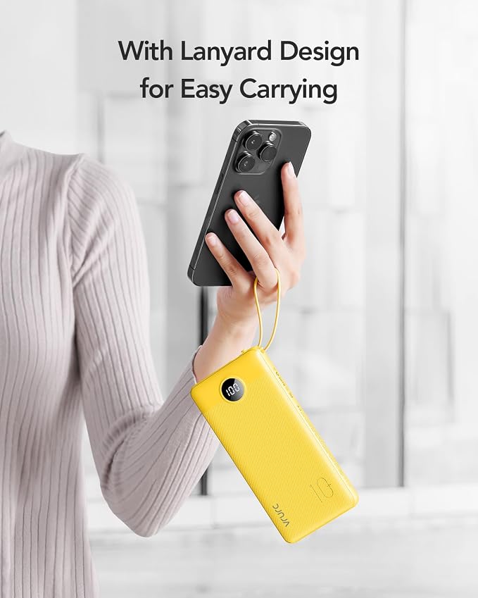 VRURC Portable Charger with Built-in Cables, 10000mAh LED Display USB C Power Bank, Slim Travel Battery Pack with 5 Output 2 Input Compatible with iPhone 17 16 15 13,Samsung,Android etc-Yellow(1 Pack) - Image 8