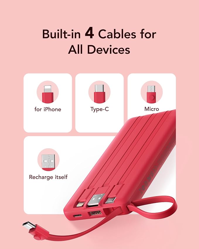 VRURC Portable Charger, 10000mAh Power Bank Built in Cables for iPhone, Slim Compact Travel Essential, 5 Outputs 2 Inputs USB C Battery Pack for iPhone 17 16 15 14 13, Samsung, Android etc-Magenta - Image 2