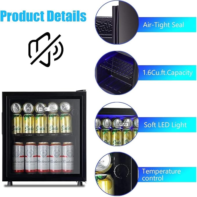 Mini Fridge Glass Door 60 Cans Beverage Cooler Refrigerator Mini Beer Fridge 1.6 cu.ft Organizer for Drinks Soda Wine Small Refrigerator with Blue LED for Home Office Dorm - Image 4