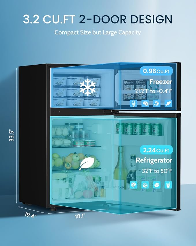 Feelfunn 3.2 Cu.Ft Mini Fridge with Freezer - 2 Door Small Refrigerator, Mini Refrigerator with Adjustable Thermostat, Removable Shelves, Mini Fridge for Bedroom, Office, Dorm, Apartment, Black - Image 2