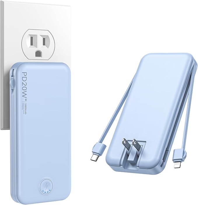 Nusyddy Portable Charger, 10000mAh PD20W Fast Charging Power Bank with Built-in Cables & Wall Plug, Travel Essentials External Battery Pack, USB C Battery Phone Charger for iPhone, Samsung Light Blue by NUSYDDY
