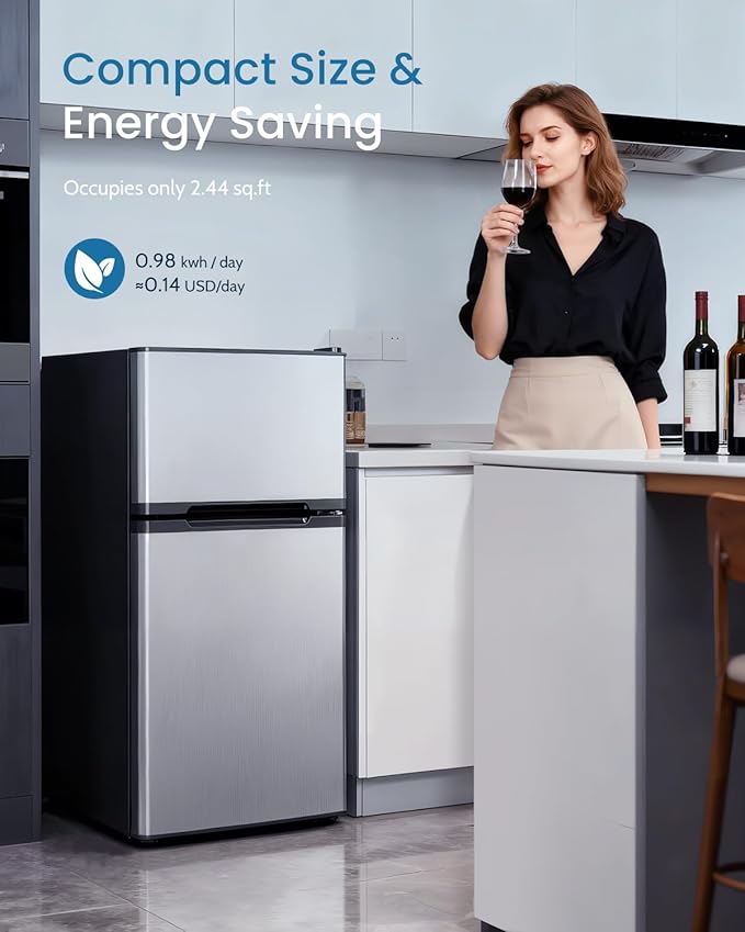 Feelfunn 3.2 Cu.Ft Mini Fridge with Freezer - 2 Door Small Refrigerator, Mini Refrigerator with Adjustable Thermostat, Removable Shelves, Mini Fridge for Bedroom, Office, Dorm, Apartment, Silver - Image 7