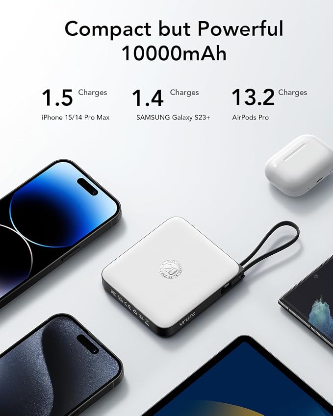 VRURC Battery Pack Charger Portable 10000mAh, 22.5W Power Bank Fast Charging with Built-in Cable, Cell Phone Power Bank for iPhone 17 16 15 & Early Series (White) - Image 3