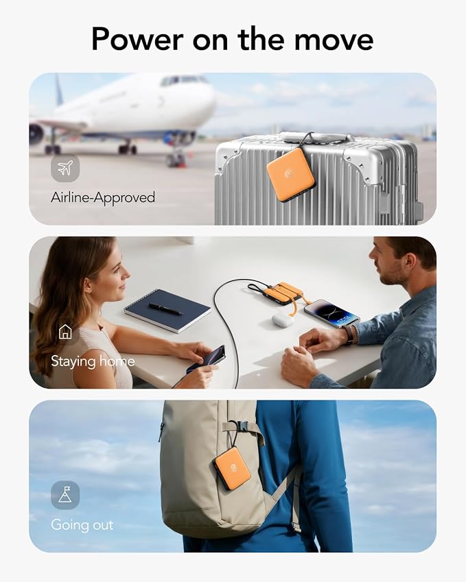 VRURC Portable Charger USB C for iPhone, Cargador Portátil para iPhone 10000mAh, Power Bank with Built-in Cables, 22.5W Fast Charging, LED Display, Slim for iPhone 17 Pro Max & Series (Orange) - Image 7