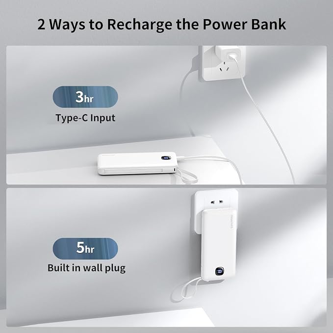 penaover Portable Charger with Built-in Cables&AC Wall Plug,Slim 10000mAh 22.5W Fast Charging Power Bank,5 Output 2 Input USB-C External Battery Pack Compatible with iPhones,Samsung,Android, etc - Image 5