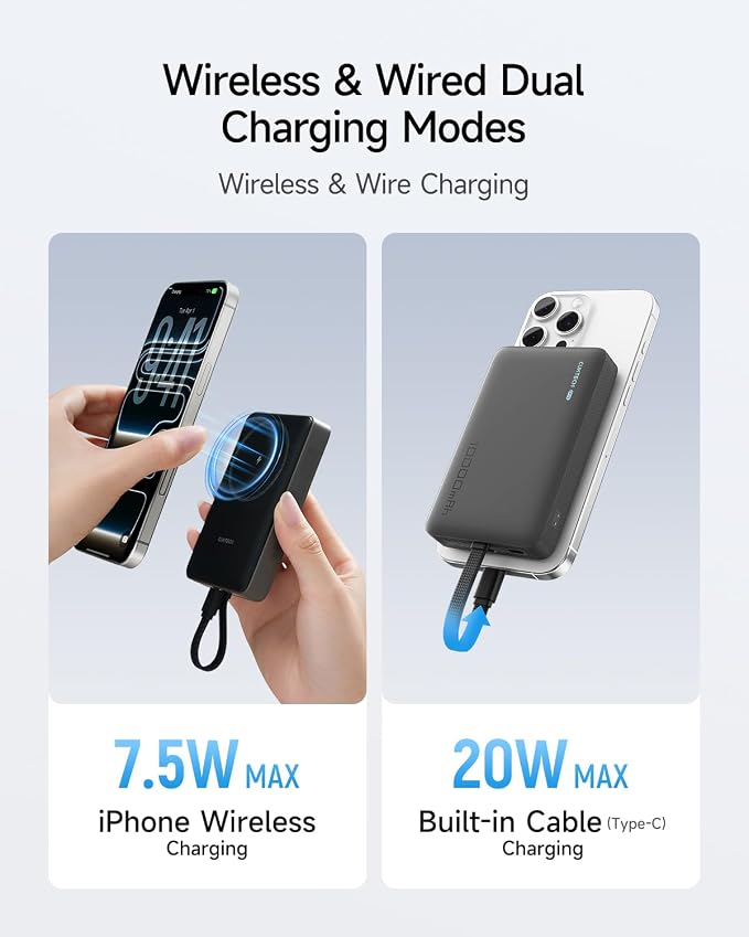 CUKTECH Magnetic Power Bank, 10000mAh Portable Charger, 20W Fast Charging & 7.5W Wireless, Built-in USB-C Cable, Battery Pack for iPhone 15/16/17 Series, Samsung, for Travel, Work & Daily Use - Image 2