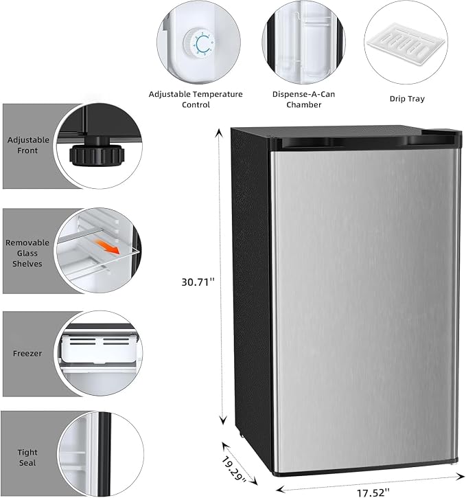 Antarctic Star Mini Compact Refrigerator with Freezer, 3.2 Cu.Ft. Single Door with Adjustable Thermostat,Removable Glass Shelves for Apartment/Dorm/Office,Silver - Image 5