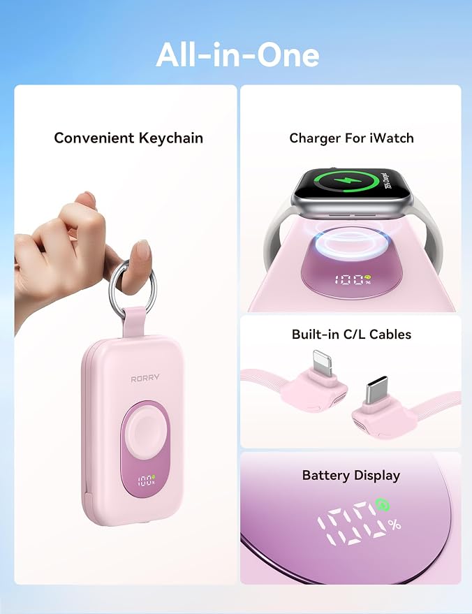 RORRY Portable Charger, 20000mAh PD 30W Portable Charger Power Bank with 2 Built-in Cables, Super Fast Charging Battery Pack with Keychain, Travel Essentials for iPhone, Apple Watch, iPad, Mulberry - Image 2