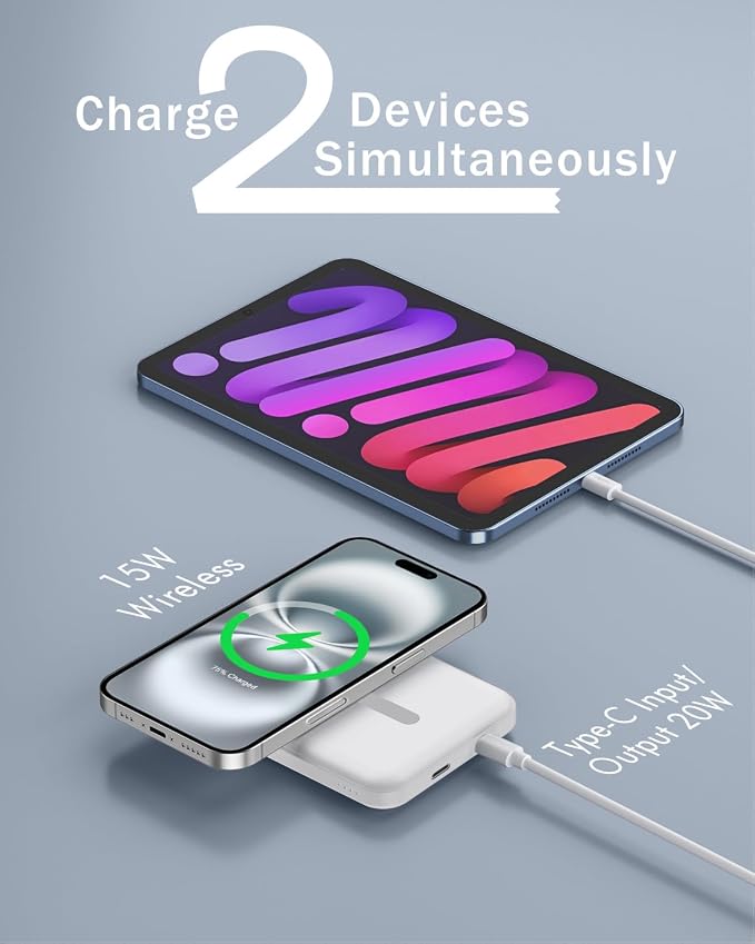 podoru for Magsafe Battery Pack, 5000mAh Magnetic Power Bank with Type-C Cable 20W PD Fast Charging Lighting Input Wireless Portable Charger for iPhone 17/16/15/14/13/12/ All Series-Snow White - Image 5