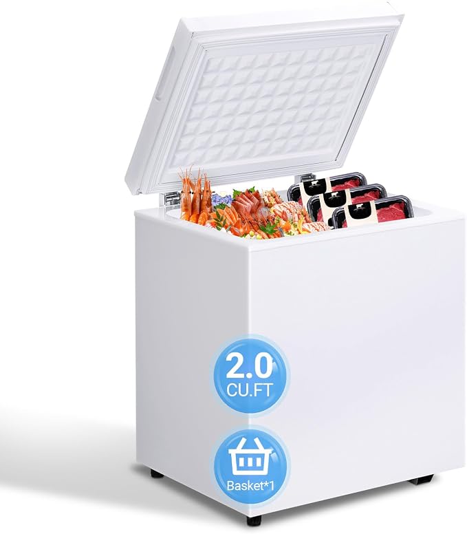 Erivess 2.0 Cu Ft Compact Chest Freezer, Mini Deep Freezer 7 Temp Settings | Energy Saving & Low Noise Free Standing Top open Door Small Freezer, Reversible Door, Removable Shelves, Small freezer, Home by Erivess