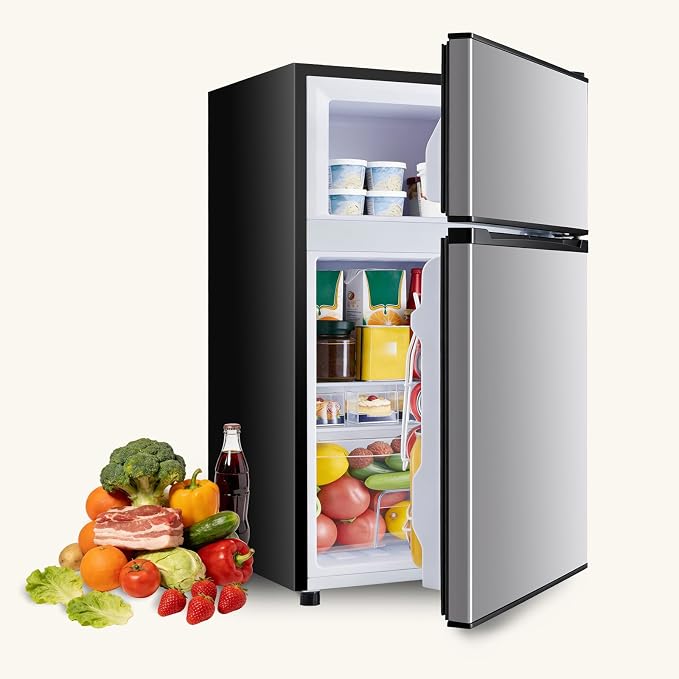 NEWBULIG Mini Fridge with Freezer 3.2 Cu.Ft Small Refrigerator for Office, Dorm, Small Fridge with Adjustable Thermostat, Energy Saving, Dual Door, Sliver by NEWBULIG