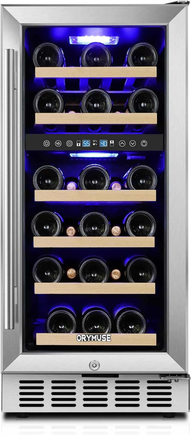 15 Inch Wine Cooler Under Counter, 30 Bottle Dual Zone Wine Fridge with Stainless Steel Glass Door, Built-In or Freestanding Wine Cellar with Digital Temperature Control for Home, Kitchen, or Office by ORYMUSE