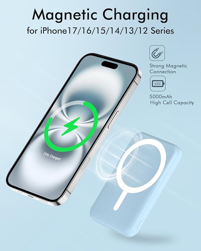 podoru for Magsafe Battery Pack, 5000mAh Magnetic Power Bank with Type-C Cable 20W PD Fast Charging Lighting Input Wireless Portable Charger for iPhone 17/16/15/14/13/12/ All Series-Sierra Blue - Image 3