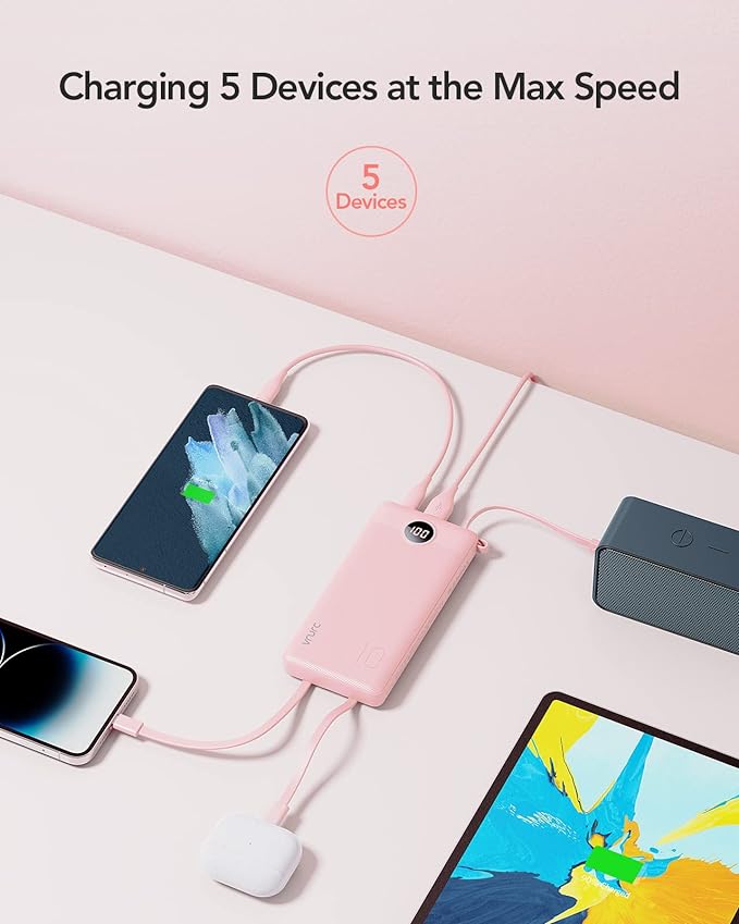 VRURC Portable Charger Power Bank, 10000mAh Travel Essentials Battery Pack, Compact Charging Bank Built-in Cables Cords Compatible with iPhone 17 Pro 17 16 15 14 13, Samsung Phones-Pink(1 Pack) - Image 4