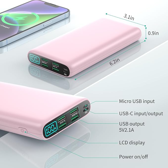 Portable Charger 38800mAh,LCD Display Power Bank,5 USB Outputs Battery Pack Backup, USB-C 3A in&out Travel Essential Portable Phone Charger For iPhone 17/16/15/14/13 Pro/12,Android Samsung Galaxy-Pink - Image 5