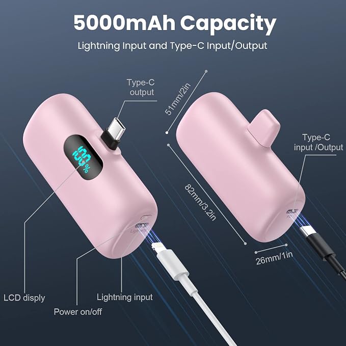 Feob Mini Portable Charger 5000mAh Power Bank,15W PD USB C Cell Phone Portable Power,LCD Display Battery Pack Compatible with iPhone 17/Air/17 Pro/17Pro Max/16/15 Android/Samsung/Moto(Type-C Only) - Image 6