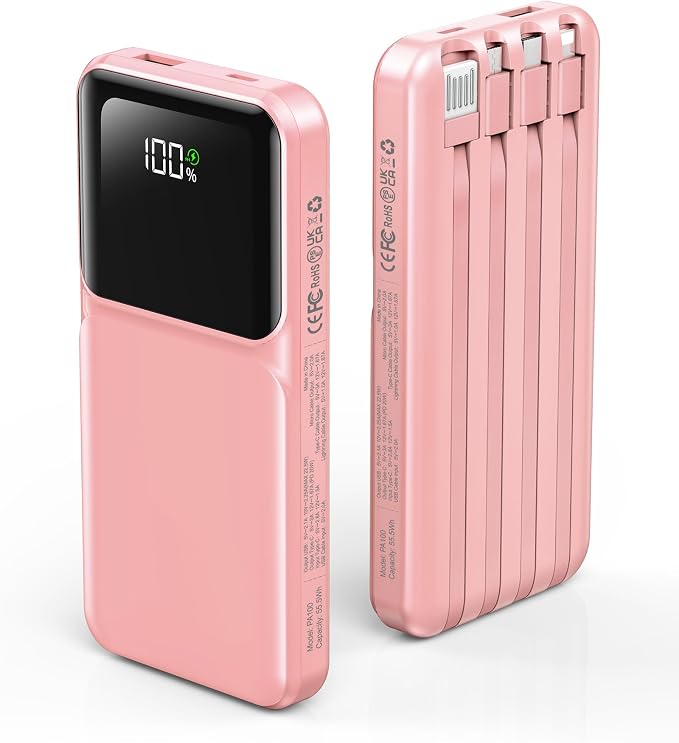 RONEGN Portable Charger with Built in Cable - Power Bank Fast Charging USB C LED Display 10000mah Battery Pack 5 Outputs & 3 Inputs for Travel Essentials iPhone Samsung Android Phones Tablets Pink by RONEGN