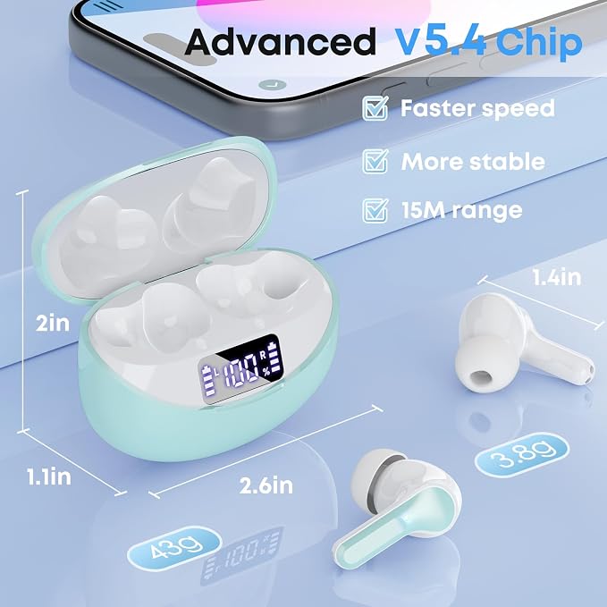 Wireless Earbuds Bluetooth 5.4 Headphones, Noise Cancelling Mic Ear Buds with 50H Playback, LED Digital Display, IPX7 Waterproof Earphones for Office/Running/Workout(Light Green) - Image 7