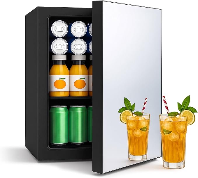 7 Temp Control 24 Can Mini Fridge, 0.95 Cu.Ft Beverage Cooler | for Soda, Beer, Wine, Beauty Products, Mirrored Door Compact Refrigerator for Bedroom, Dorm, Office, Storage by Unknown
