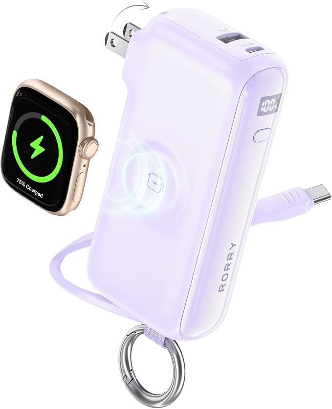 RORRY Flow Portable Charger, 10000mAh 40W Fast Charging Power Bank with Built-in USB C Cable and Foldable Wall Plug, Battery Pack Travel Essentials for iPhone 17/16/15, Apple Watch, iPad, MacBook by RORRY