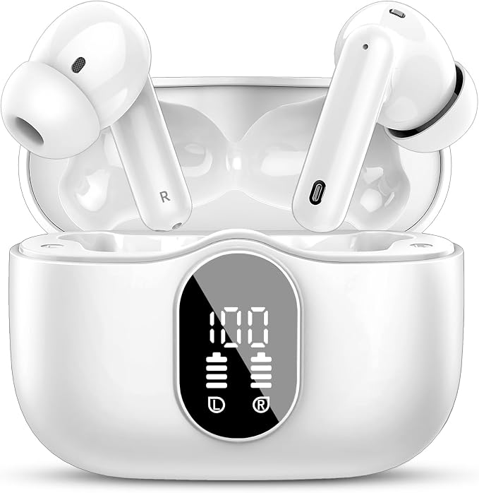 Wireless Earbuds, Bluetooth 5.4 Headphones Bass Stereo/Clear Calls, White | Ear Buds with Noise Cancelling Mic LED Display in Ear Earphones IP7 Waterproof 36H Bluetooth Earbuds for Phones/Sport/Laptop by Btootos