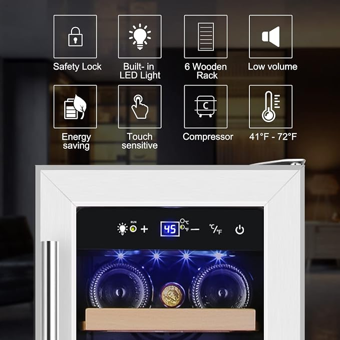 12" Wine Cooler Refrigerator, 18 Bottles Wine Fridge Built-in or Freestanding with Stainless Steel & Double-Layer Tempered Glass Door, Compressor Fast Cooling, Low Noise and No Fog, Mini Fridge - Image 3