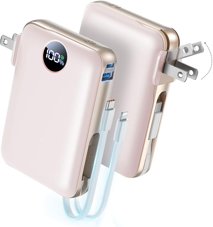 Portable Charger with Built-in Cables & Wall Plug, 10000mAh Power Bank, 4 Outputs 22.5W USB C Fast Charging, Slim Travel Battery Pack with LED Display for iPhone 17/16/15/14, Rosegold by Unknown