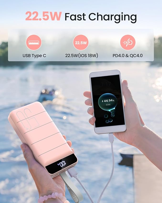 Power Bank Fast Charging 50000mAh - 22.5W Portable Charger USB C Quick Charge with 4 Outputs & 3 Inputs LED Display Huge Capacity External Battery Pack for iPhone, Samsung, iPad etc Pink - Image 3