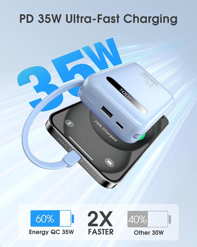 EnergyQC 20000mAh Portable Charger, 35W PD 3.0+QC 4.0 Fast Charging Power Bank with Built-in Lightning & USB-C in&Out Cables, Travel Battery Pack for iPhone 16/15/14/13, Samsung, iPad, Android, Blue - Image 2