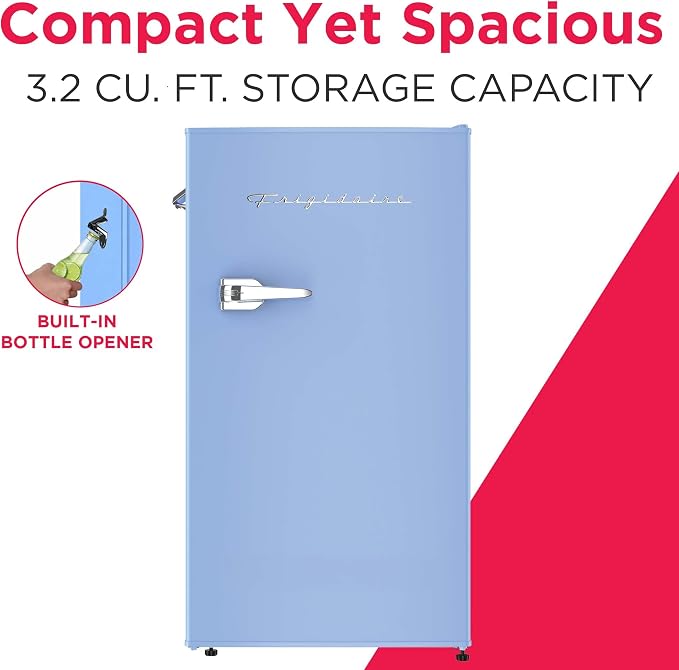 Frigidaire Retro Compact Fridge with Chiller, 3.2 cu ft Countertop Fridge with Built-In Bottle Opener, Compact Refrigerator for Office, Bedroom, Dorm Room or Cabin - 16.5" D x 19" W x 31" H (Blue) - Image 2