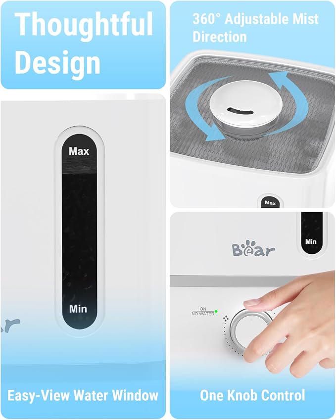Bear Humidifiers for Bedroom, 2.5L Cool Mist Humidifiers and Oil Diffuser, Quiet Rapid humidifiers for Home Whole House, with Adjustable Mist Output and Auto Shut-off, White - Image 6