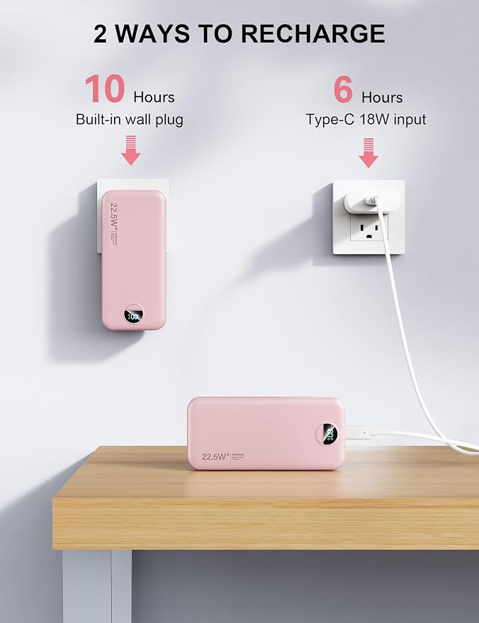 Portable Charger, 20000mAh 22.5W Fast Charging Power Bank with Built-in Cables & Wall Plug, USB C External Battery Pack with LED Display, Travel Essentials Phone Charger for iPhone iPad Samsung Pink - Image 7