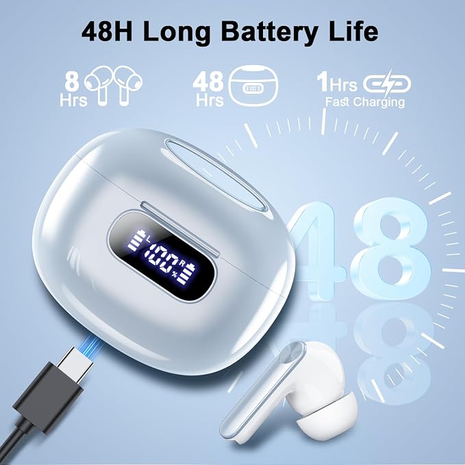 Wekily Wireless Earbuds, Bluetooth 5.3 Headphones with LED Power Display, 2025 New Wireless Earphones, HiFi Stereo,4 ENC Noise Cancelling Mic, 48H Playtime Mini Case IP7 Waterproof for iOS Android - Image 4
