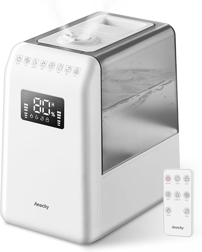 600ml/h Warm and Cool Mist Humidifier for Large Room, Aeocky 6L Top-Fill Humidifier with Remote for 821ft² Coverage, Essential Oil Diffuser with Humidity Sensor, Timer, Sleep, Auto Mode by AeockyDirect