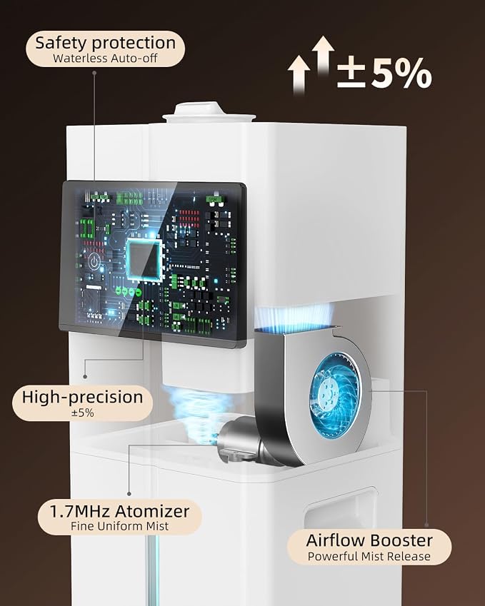 Cool Mist Humidifiers for Bedroom, Ultrasonic 2.4Gal 9L Quiet Top-Fill, Easy Clean with Essential Oil Tray, 360°Nozzle, 4 Speed, Remote, 60H Runtime, for Baby, Adults, Plants, Home, House, Large Room - Image 6