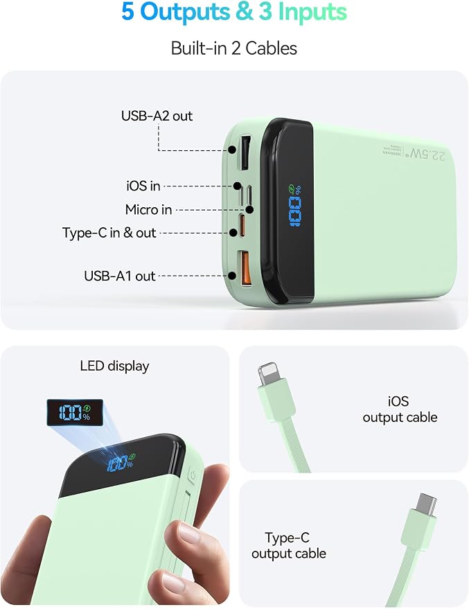 Portable Charger Power Bank 32000mAh with Built in Cables, PD3.0 USB C Fast Phone Charger, 5 Outputs LCD Display Travel Battery Pack Compatible with iPhone, Samsung All Cell Phones (Green) - Image 4