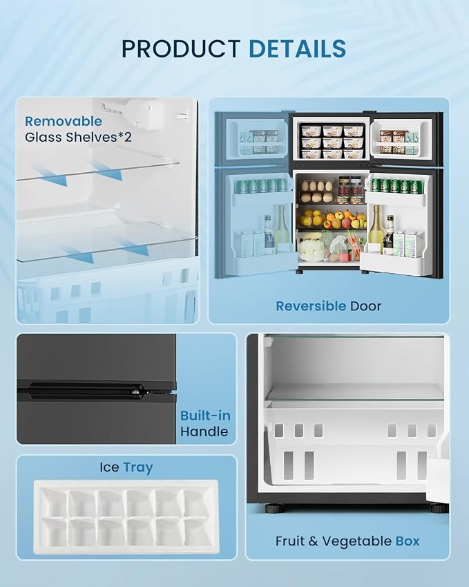 Feelfunn 3.2 Cu.Ft Mini Fridge with Freezer - 2 Door Small Refrigerator, Mini Refrigerator with Adjustable Thermostat, Removable Shelves, Mini Fridge for Bedroom, Office, Dorm, Apartment, Black - Image 6