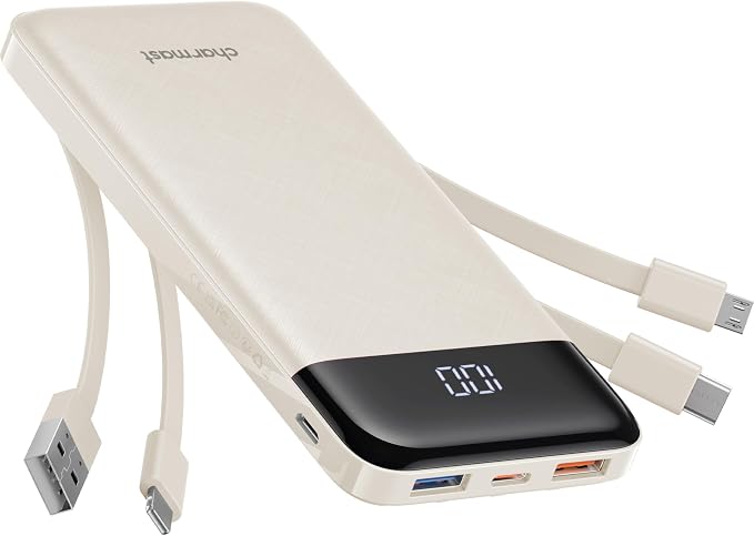 charmast Portable Charger with Built in Cables, Power Bank with Cords Wires, Slim 10000mAh Travel Battery Pack 6 Outputs 3 Inputs 3A Fast Charging for Samsung Google Pixel LG Moto iPhone iPad by Charmast