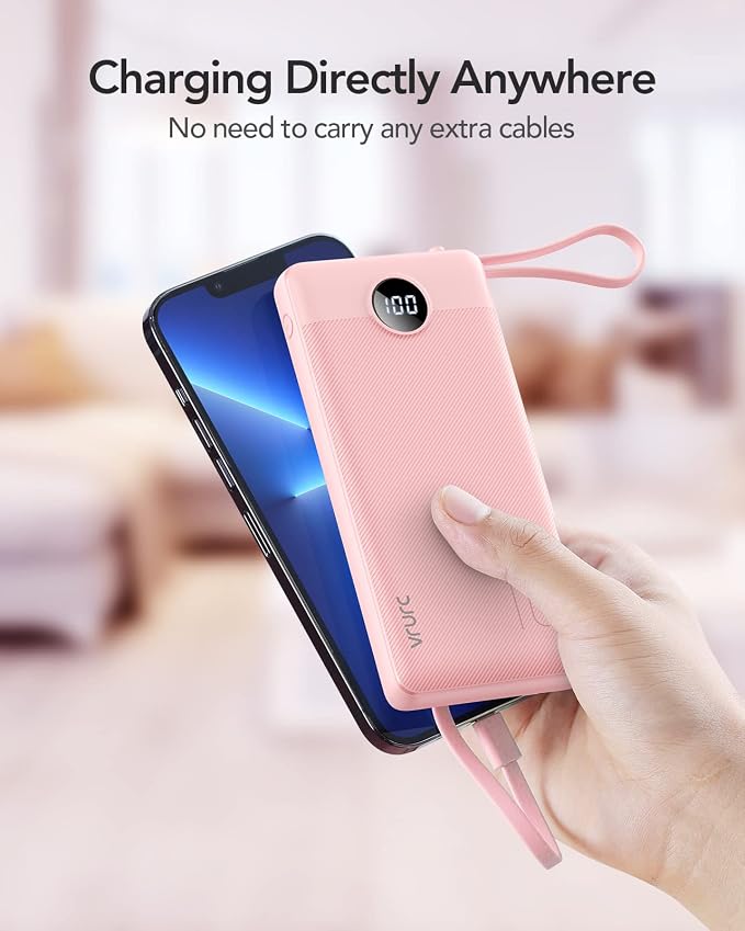 VRURC Portable Charger Power Bank, 10000mAh Travel Essentials Battery Pack, Compact Charging Bank Built-in Cables Cords Compatible with iPhone 17 Pro 17 16 15 14 13, Samsung Phones-Pink(1 Pack) - Image 8