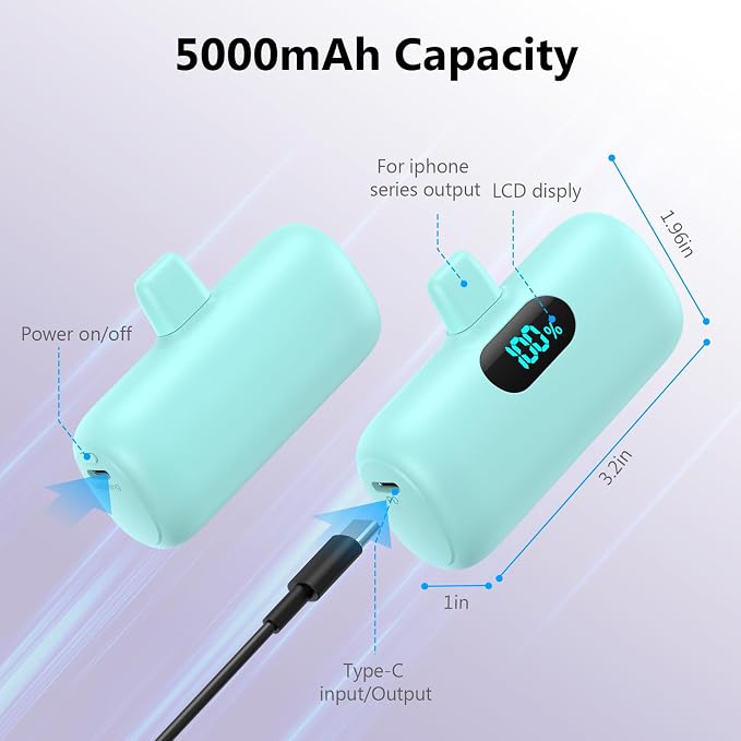 Mini Portable Charger for iPhone,5000mAh PD Fast Charging Battery Pack,LCD Display Cute Power Bank Portable Phone Charger for iPhone 14/14 Pro Max/13/13 Pro/12 Pro/11/XS/XR/X/8/7/6 (Green) - Image 6