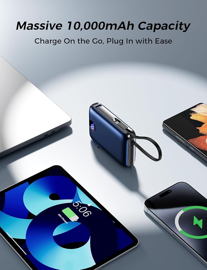 Portable Charger with Built-in Cables & Wall Plug, 10000mAh Power Bank, 4 Outputs 22.5W USB C Fast Charging, Slim Travel Battery Pack with LED Display for iPhone 17/16/15/14, DarkBlue - Image 5
