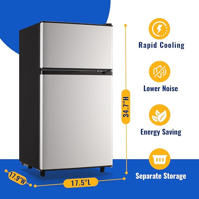 100L Silver Mini Fridge With Freezer Compact Refrigerator for Dorm | Freestanding Fridge with 7 Level Adjustable Thermostat, Removable Shelves, Fast Cooling, Low Consumption - Image 3