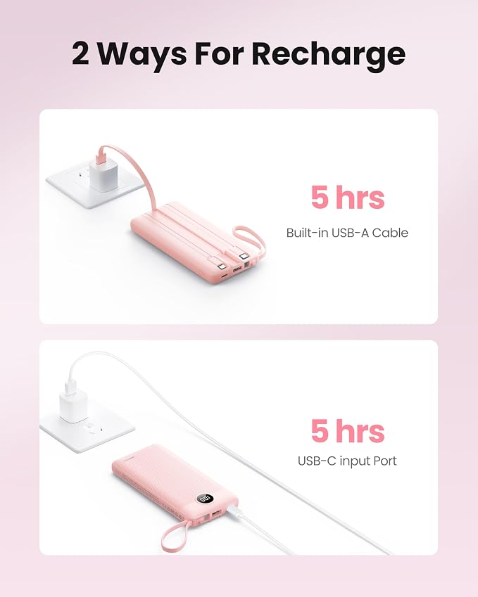 Portable Phone Charger, Slim 10000mAh Travel Essentials Power Bank with Cords Wires, Battery Pack 5 Outputs 2 Inputs LED Display Compatible with iPhone/Android & More (Pink) - Image 6