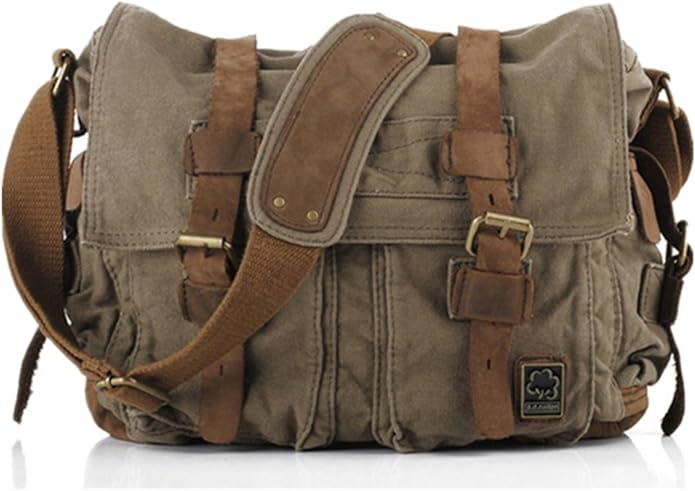 Sechunk Vintage Military Leather Canvas Laptop Bag Messenger Bags Medium by Sechunk