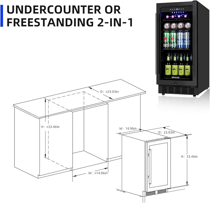 ORYMUS 15 Inch Beverage Refrigerator, 130 Cans Drink Fridge with Glass Door & Lock, Under Counter or Freestanding Beverage Cooler for Soda, Beer & Water, Upgraded Quiet Compressor, Memory Temp, Black - Image 6