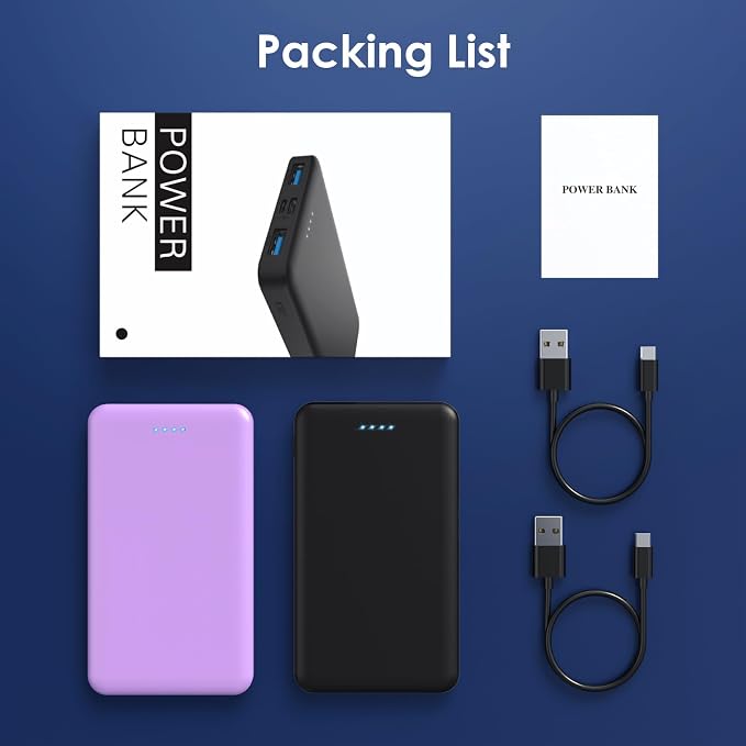 [2 Pack] Portable Charger Power Bank 10000mAh,Ultra Slim Compact External Battery Pack with USB C Input & Dual USB Outputs Backup Charger Compatible with iPhone 14,13, Samsung S20,Tablet-Black+Purple - Image 7